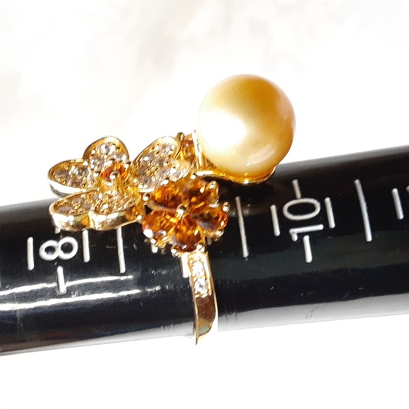 925  Golden South Sea Pearl, Madeira Citrine, White Zircons Ring. 10.5mm FIRM. - Picture 11 of 17